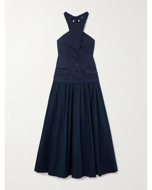 Staud Blue Harrington Open-Back Pleated Cotton-Twill And Poplin Halterneck Maxi Dress