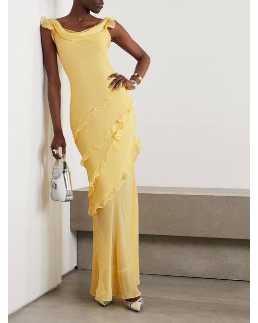 Saloni Yellow Renu Draped Ruffled Silk-Blend Crepon Gown