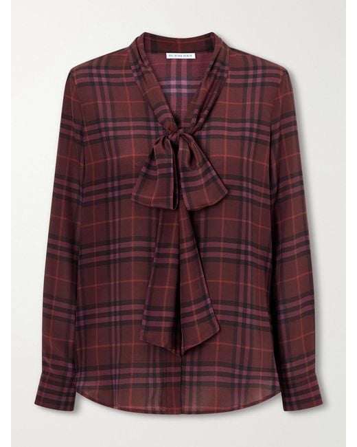Burberry Purple Rhiannon Pussy-Bow Checked Silk-Crepe Blouse