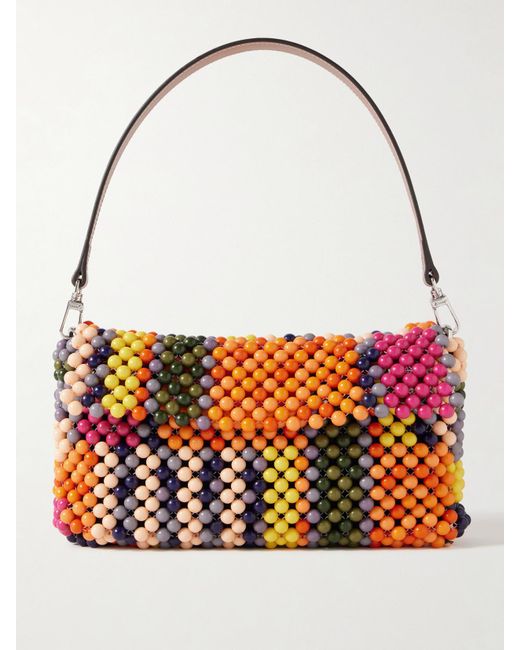 Staud Orange Timmy Schultertasche Aus Mesh Mit Zierperlen Und Lederbesätzen