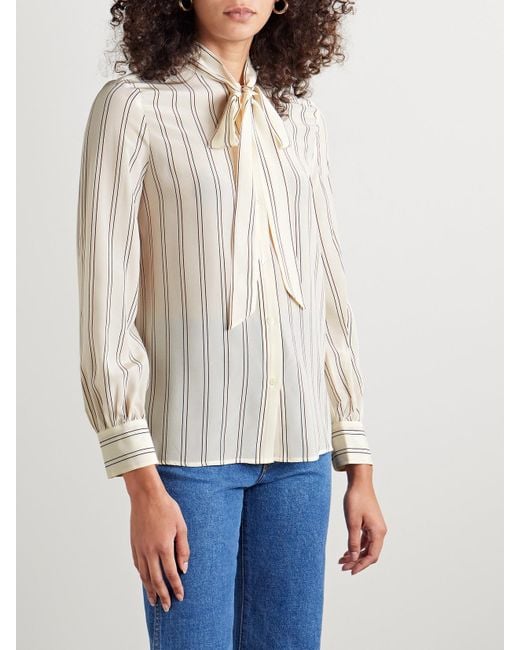 Nili Lotan Natural Irina Pussy-Bow Striped Silk-Georgette Blouse