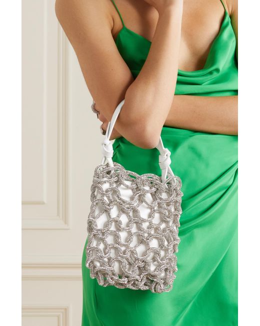 STAUD Tini Leather trimmed Crystal embellished Cord And Satin Mini