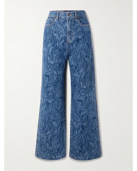 Veronica Beard Blue Taylor Paisley-Print High-Rise Wide-Leg Jeans