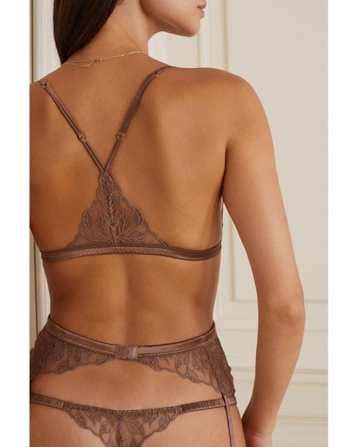 Coco De Mer Brown Paeonia Satin-Trimmed Embroidered Tulle Suspender Belt