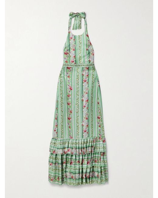 Agua Bendita Green Magnolia Honeysuckle Gestuftes Neckholder-Maxikleid Aus Einer Leinen-Seidenmischung Mit Blumenprint Und Stickereien