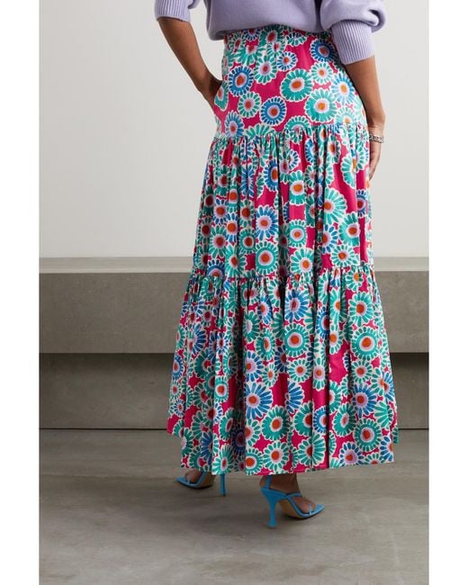 LaDoubleJ White Big Tiered Floral-Print Cotton-Poplin Maxi Skirt