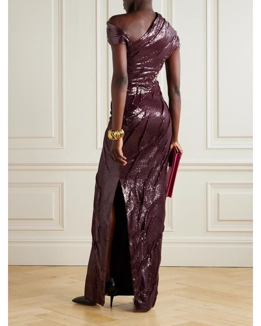 Marmar Halim Purple One-Shoulder Ruched Sequined Crepe Gown