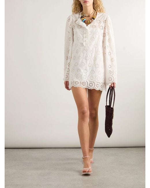 Chloé Natural Scalloped Broderie Anglaise Cotton-Blend Mini Dress