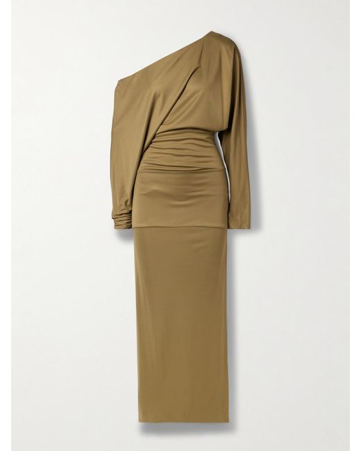 Khaite Green Junet One-Shoulder Draped Satin-Jersey Maxi Dress