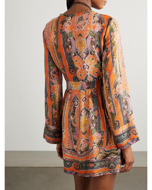Isabel Marant Orange Morgane Minikleid Aus Seidenchiffon Mit Paisley-Print, Ösen Und Bindegürtel