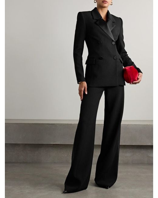 Sergio Hudson Black Double-Breasted Silk-Satin Trimmed Wool-Blend Blazer