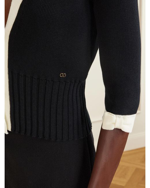Valentino Garavani Blue Cropped Bow-Embellished Two-Tone Ribbed-Knit Cotton Cardigan