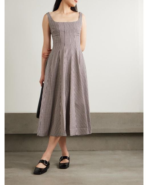 Staud Gray Wells Pleated Gingham Poplin Midi Dress