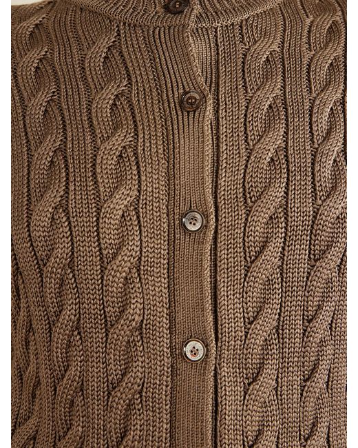 Ralph Lauren Brown Cable-Knit Stretch-Silk Cardigan