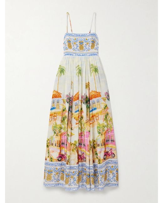 Robe Longue En Voile De Coton Et De Lenzing Ecovero Mélangés Imprimé À Fronces Aracati Farm Rio en coloris Natural