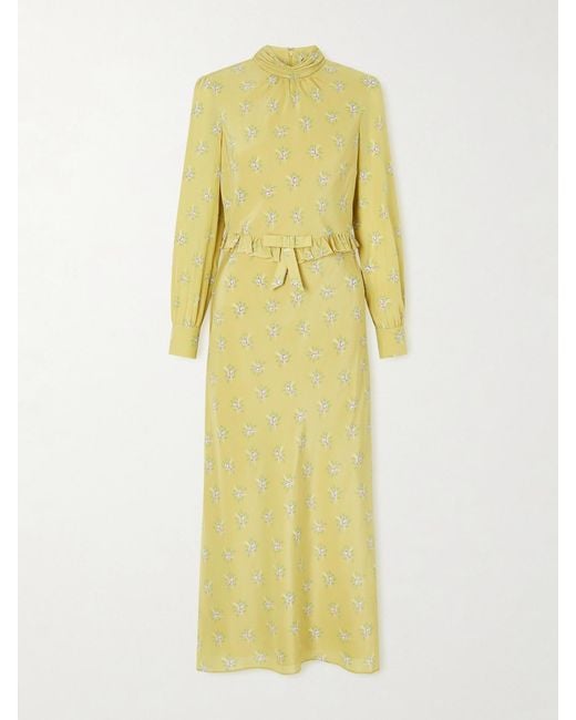 Alessandra Rich Yellow Ruffled Bow-Detailed Floral-Print Silk Crepe De Chine Midi Dress