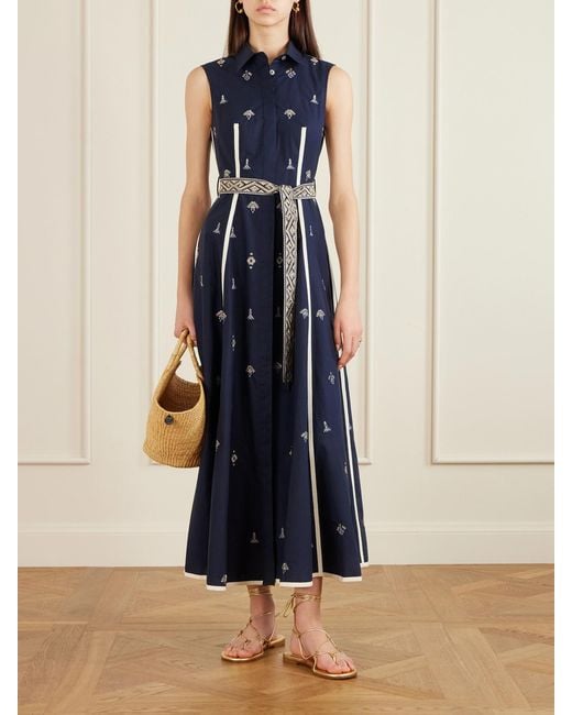 Emporio Sirenuse Blue Belted Embroidered Cotton-Poplin Midi Dress