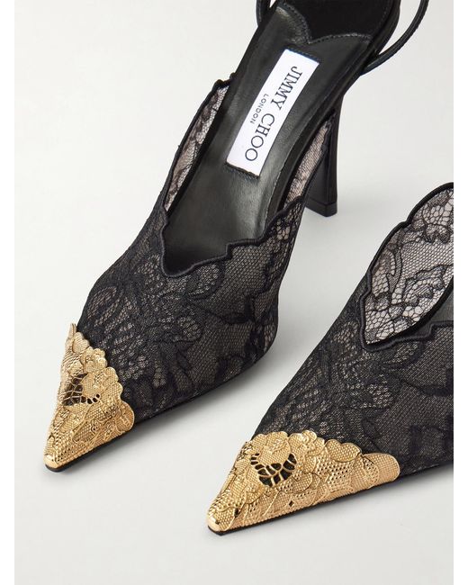 Jimmy Choo Black Faiz 100 Embellished Satin-Trimmed Lace Pumps