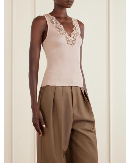 Saint Laurent Natural Lace-Trimmed Ribbed Silk-Jersey Tank
