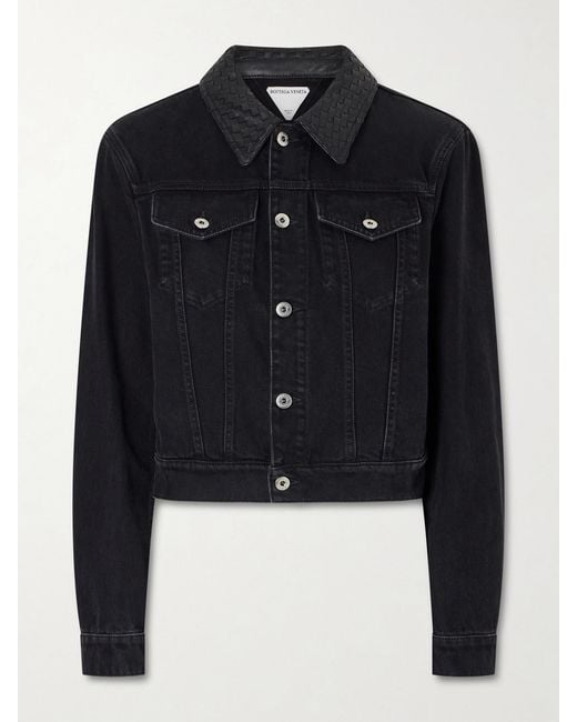 Bottega Veneta Black Intrecciato Leather-Trimmed Denim Jacket