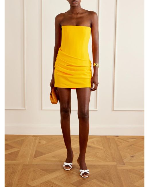 Alex Perry Yellow Strapless Draped Crepe Mini Dress
