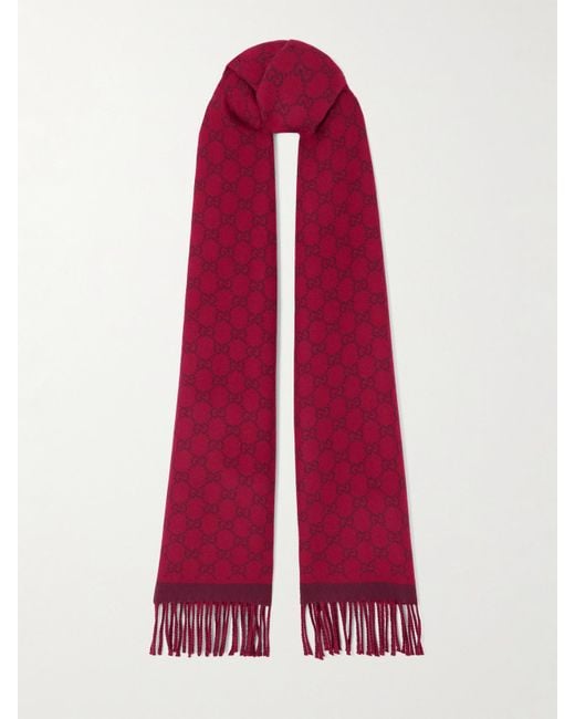 Gucci Red Fringed Jacquard-Knit Nativa Wool Scarf