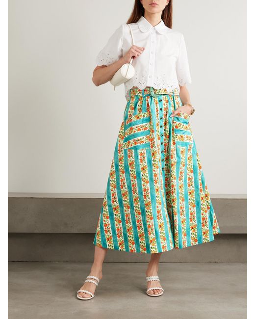 Saloni Blue Kirat Belted Striped Floral-Print Cotton-Poplin Midi Skirt