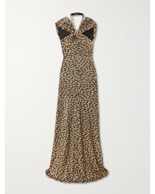 Rabanne Natural Embellished Leopard-Print Fil Coupé Lamé Maxi Dress