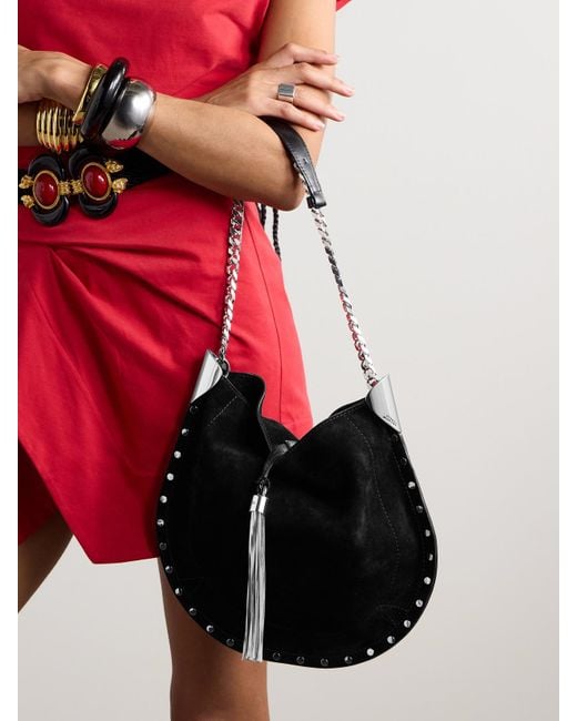 Isabel Marant Black Oskan Leather-Trimmed Tasseled Studded Suede Shoulder Bag