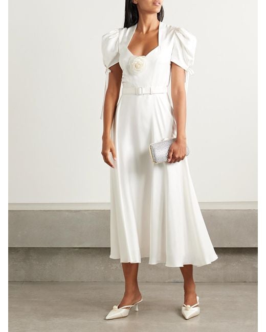 Rodarte White Appliquéd Belted Silk-Twill Midi Dress