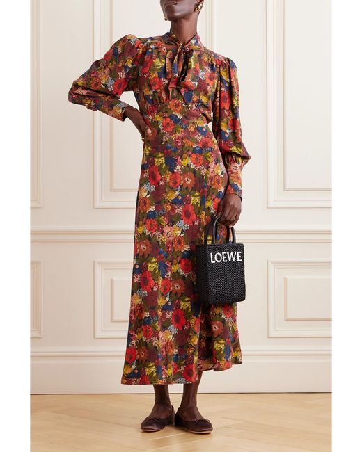 Doen Red Blossom Pussy-Bow Floral-Print Silk-Crepe Maxi Dress