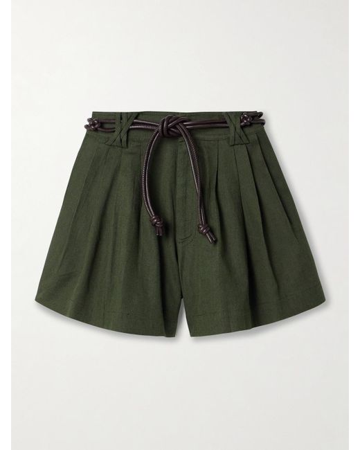 Sea Green Shai Belted Pleated Cotton And Linen-Blend Shorts