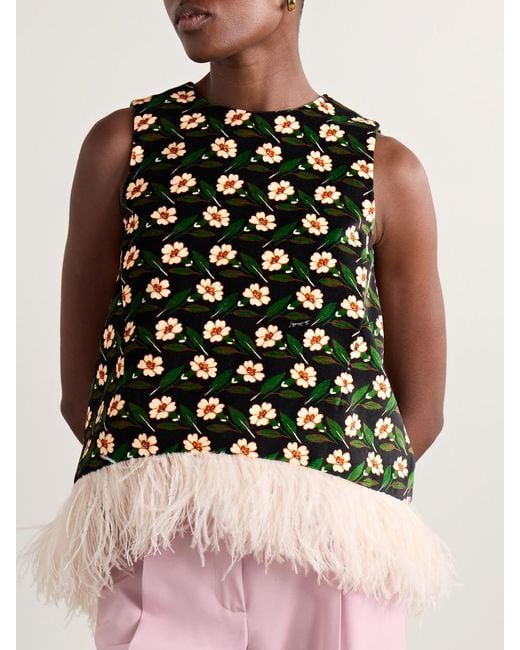 LaDoubleJ Black La Scala Asymmetric Feather-Trimmed Floral-Print Cotton-Velvet Top