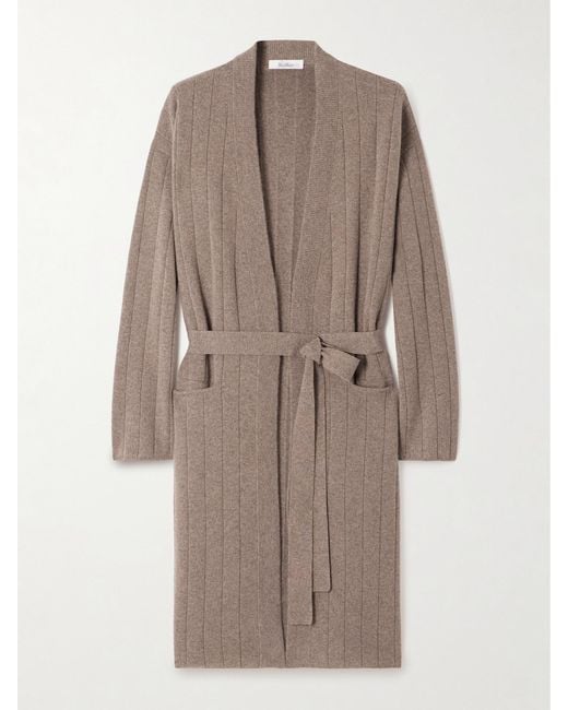 Max Mara Natural Belted Ribbed-Knit Cashmere Cardigan