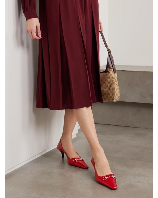 Gucci Red Vittoria Collapsible-Heel Horsebit-Embellished Leather Pumps