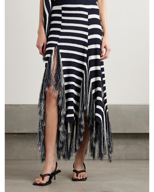 Proenza Schouler Blue Yves Asymmetric Fringed Striped Knitted Maxi Skirt