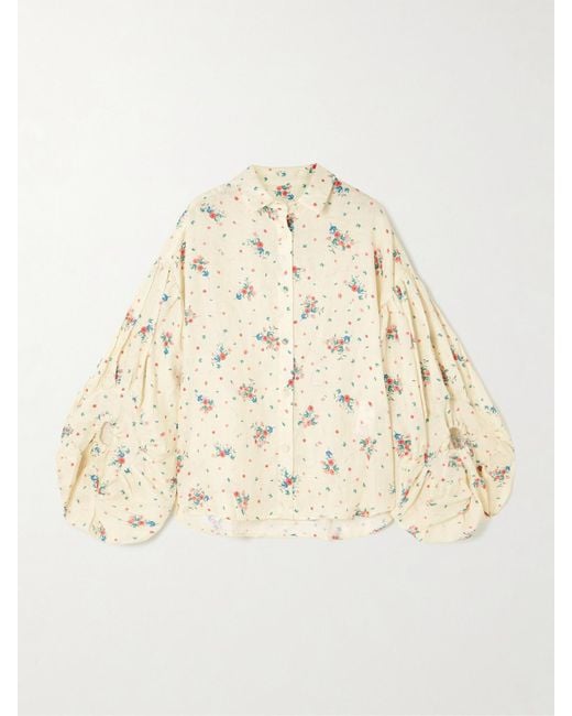 Agua Bendita Natural Agar Mosqueta Gathered Floral-Print Linen Shirt