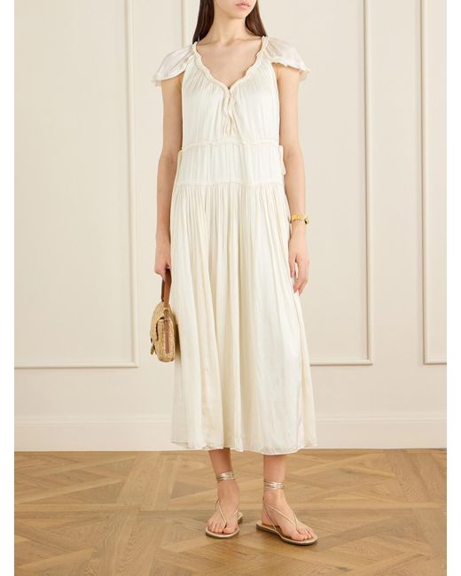 La Ligne White Pintucked Ruffled Satin Midi Dress
