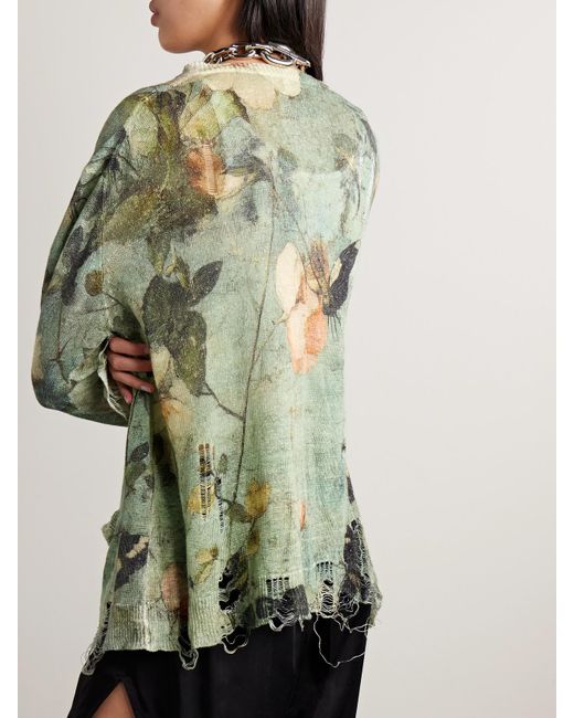 R13 Green Boyfriend Cardigan Aus Leinen Mit Blumenprint Und Distressed-Details