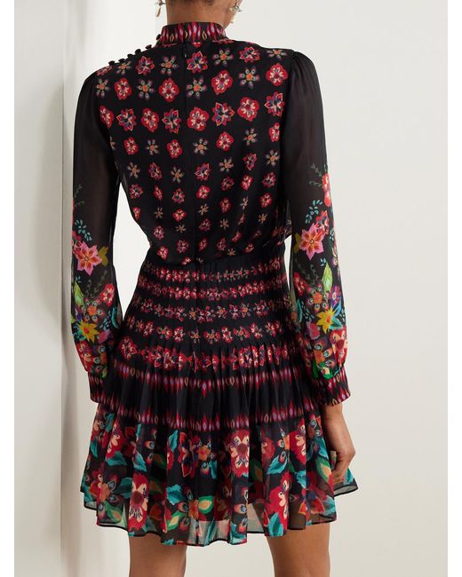 Saloni Red Isa Pleated Floral-Print Silk Crepe De Chine Mini Dress