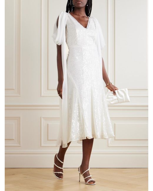 Erdem White Midikleid Aus Satin Mit Pailletten Und Chiffonbesätzen