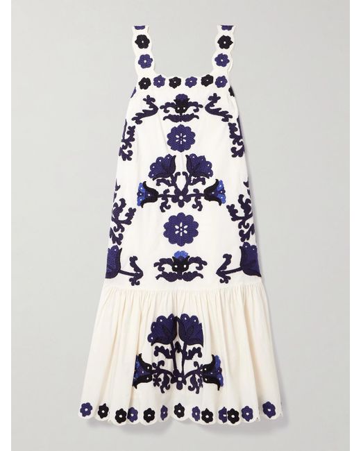 Robe Midi En Voile De Coton À Appliqués Et À Festons Catrine Sea en coloris White