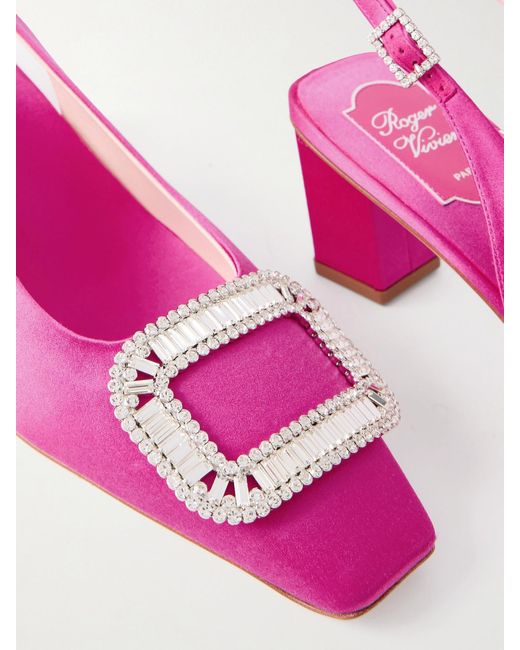 Roger Vivier Pink Belle Vivier Pilgrim 45 Crystal-Embellished Satin Slingback Pumps