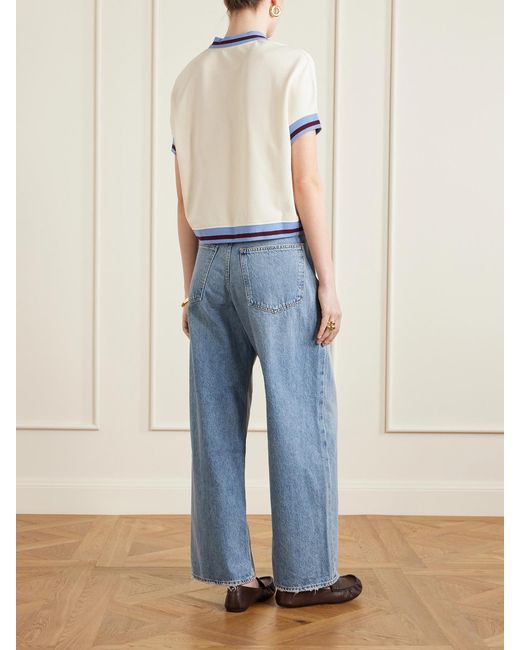 Marni Blue Embroidered Striped Cotton-Piqué Polo Shirt