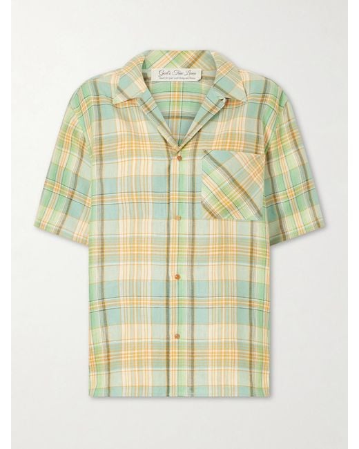 God's True Cashmere Metallic Lime Moss Checked Linen Shirt
