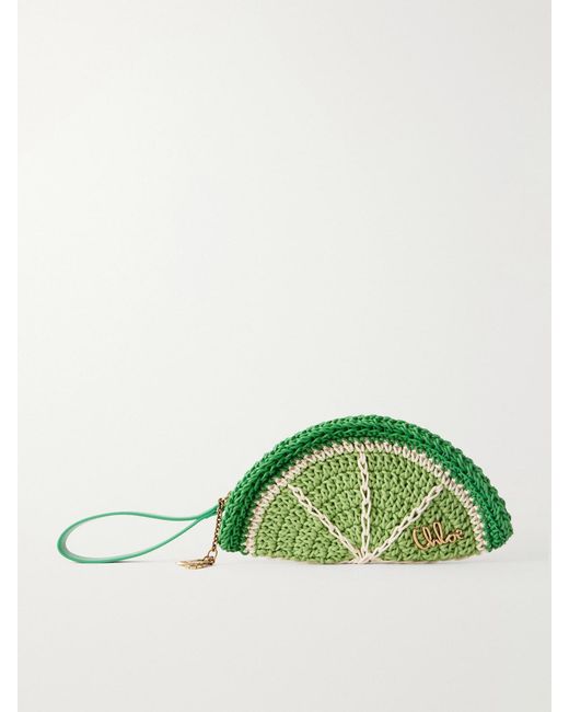 Chloé Green Tropicus Leather-Trimmed Woven Cotton Clutch