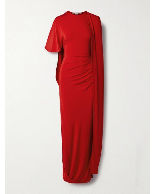 Stella McCartney Red Asymmetrische Robe Aus Stretch-Satin Mit Cape-Effekt
