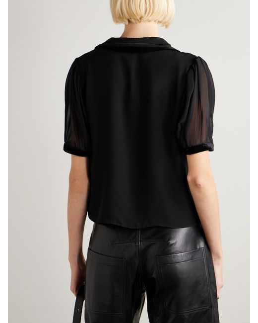 FRAME Black The Sailor Velvet-Trimmed Silk-Chiffon Blouse
