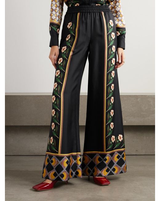 LaDoubleJ Black Icon Palazzo Printed Silk-Twill Wide-Leg Pants