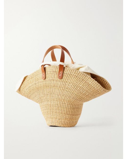 Muuñ Metallic Signora Leather-Trimmed Raffia Tote